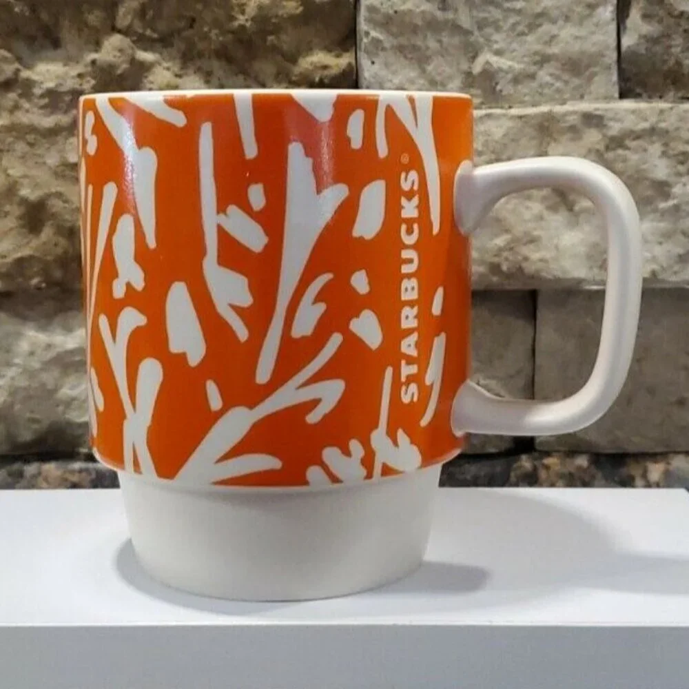 Starbucks Coffee Mug Abstract Floral Pattern Stackable 12 OZ Orange Mug 2016